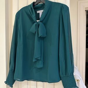 NWT Bow Tie Tie Neck Forest Green Blouse by Sugarlips SZ L